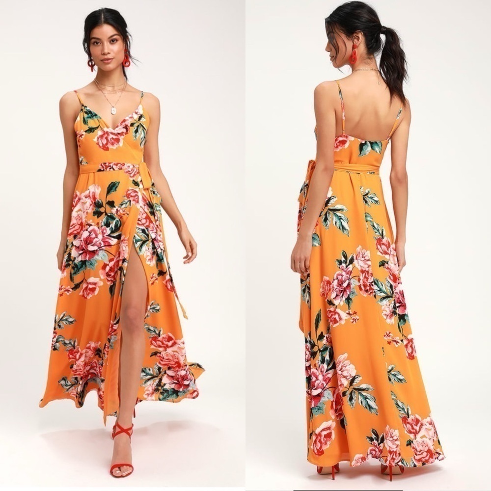 New Lulus Sz XS Floral Flirtation Orange Floral Print Wrap Maxi Dress